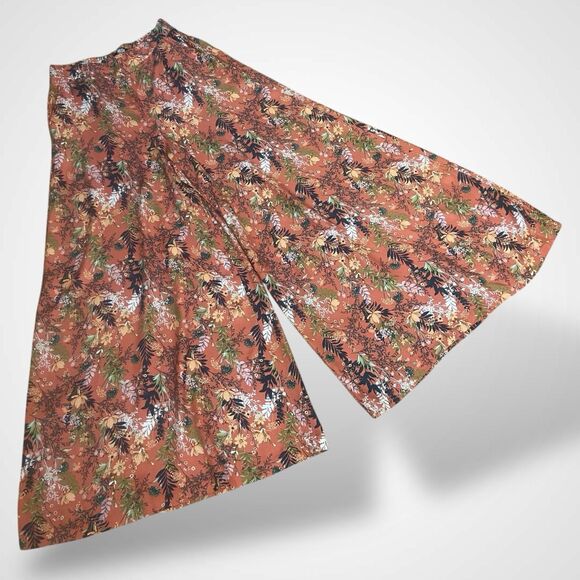Rewash Super Flare Palazzo Pants Women Size M Orange Floral Elastic Waist Boho - Picture 4 of 8